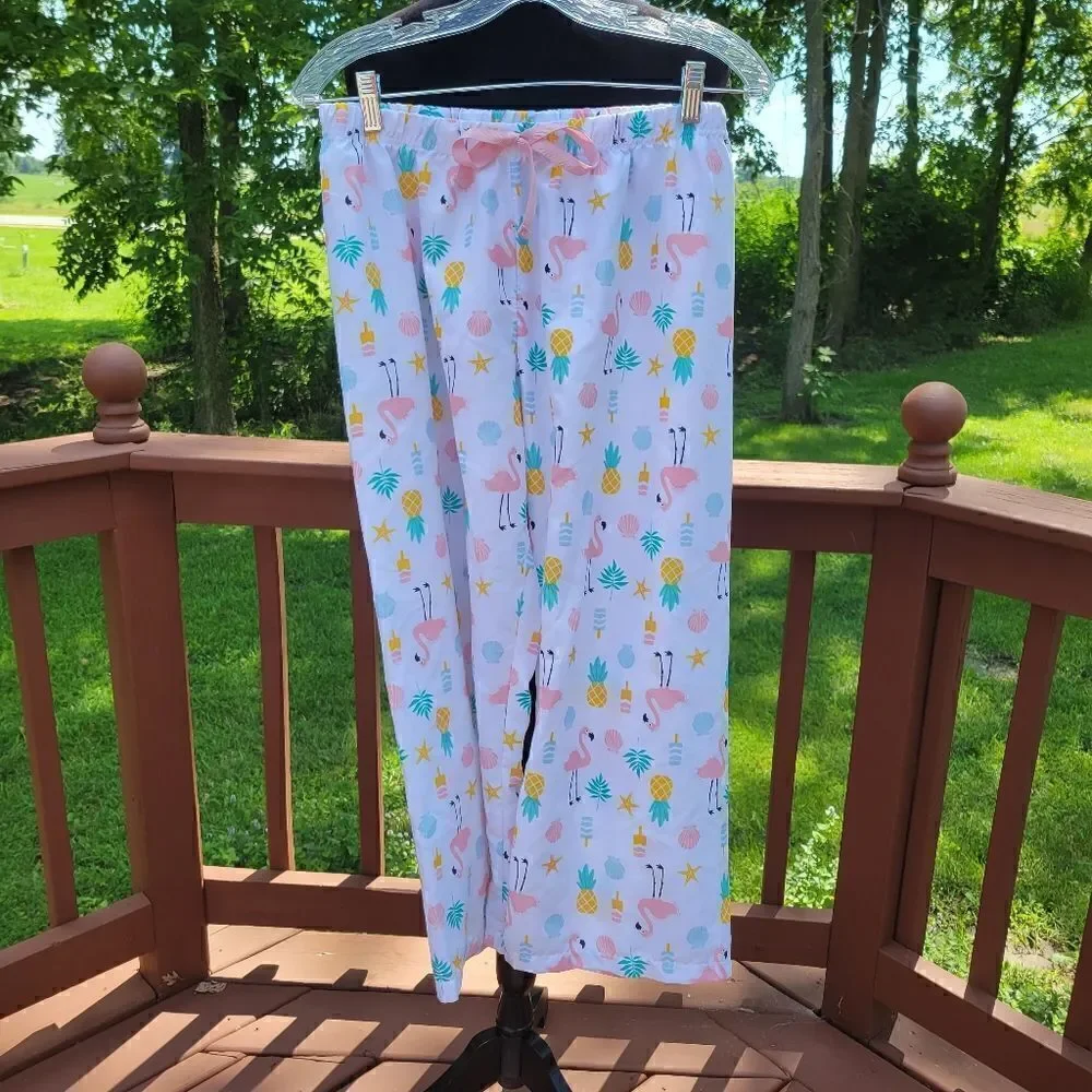 Bobbie Brooks Women's Sleep Pants White & Pink Flamingo's sz Med